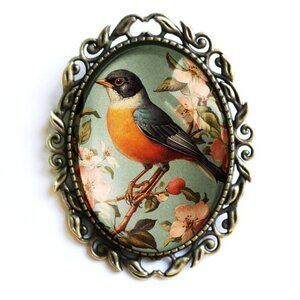 NEW - Vintage Robin Brooch‎ - Large Oval - Spring - Bird - Glass Cabochon